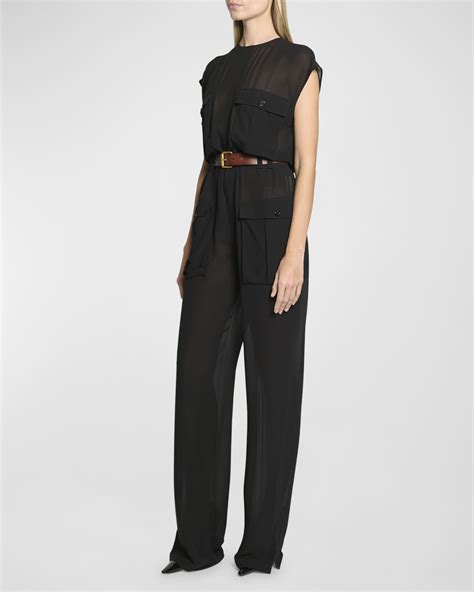 Saint Laurent Combinaison Sleeveless Belted Silk Chiffon Utility 